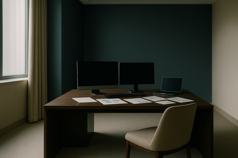 Healthcare SEO agency workspace with blank computer screens and marketing documents.