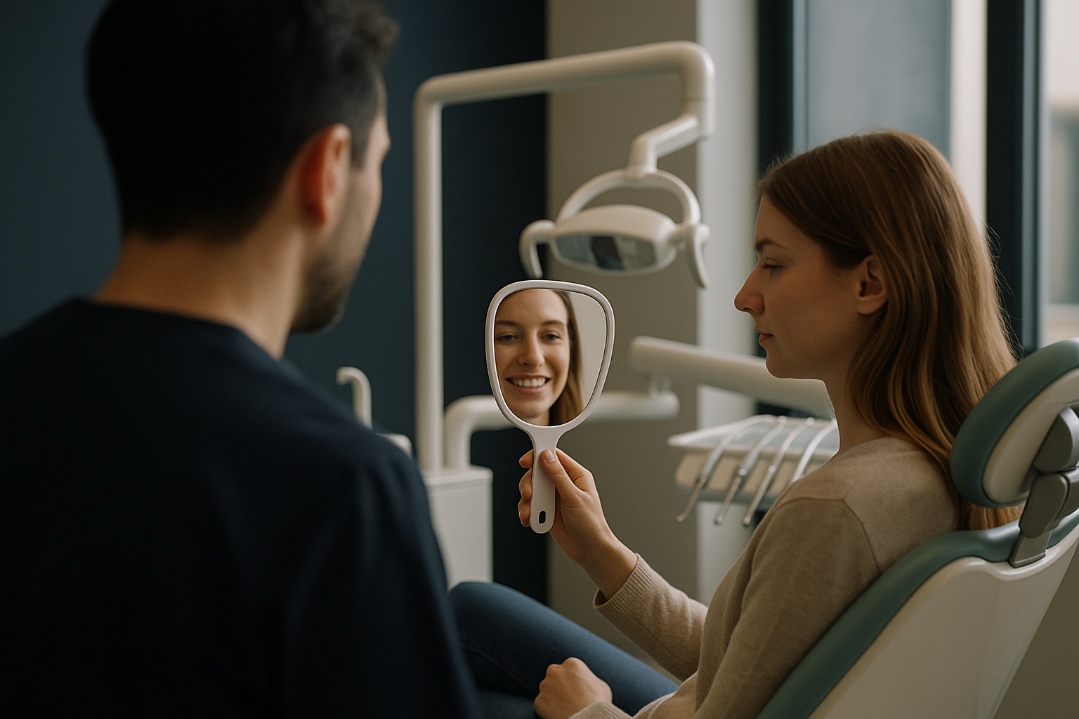 A dentist in a Turkish clinic revealing a patient's new Hollywood smile, highlighting the dental transformation.