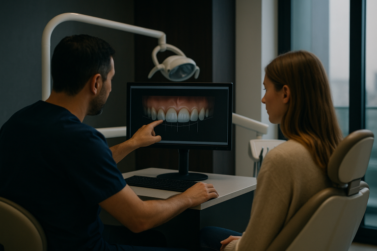 Dentist in Istanbul explaining Hollywood Smile procedure to a patient with digital tools.
