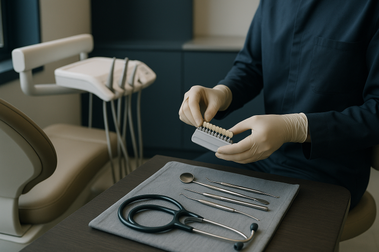 Dentist applying veneers in a modern clinic to create Hollywood teeth.