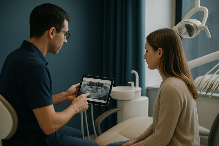Dentist discussing Hollywood white teeth treatment in a modern dental clinic.