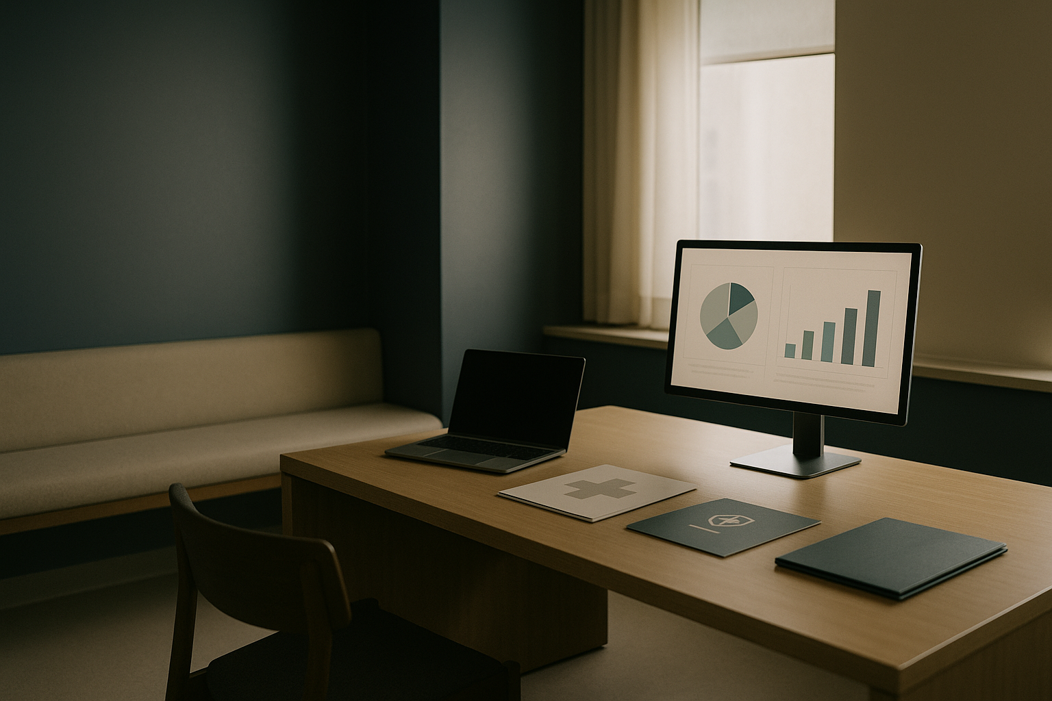 Hospital social media strategy increase followers healthcare in a modern executive workspace.