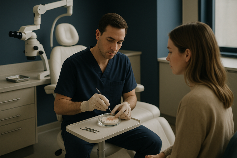 Modern hair transplant clinic demonstrating how hair grafts work with advanced equipment visible.