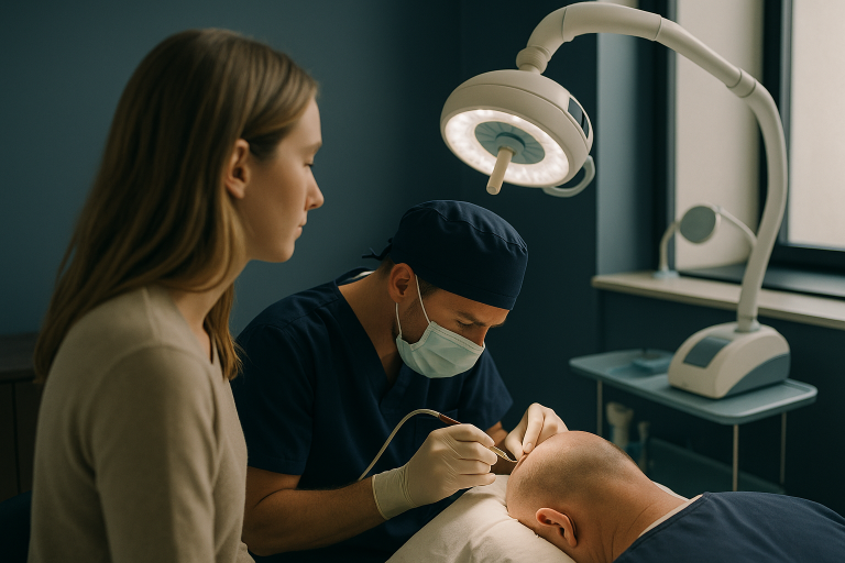 Surgeon performing hair transplant procedure in a modern clinic, demonstrating how hair transplants work.