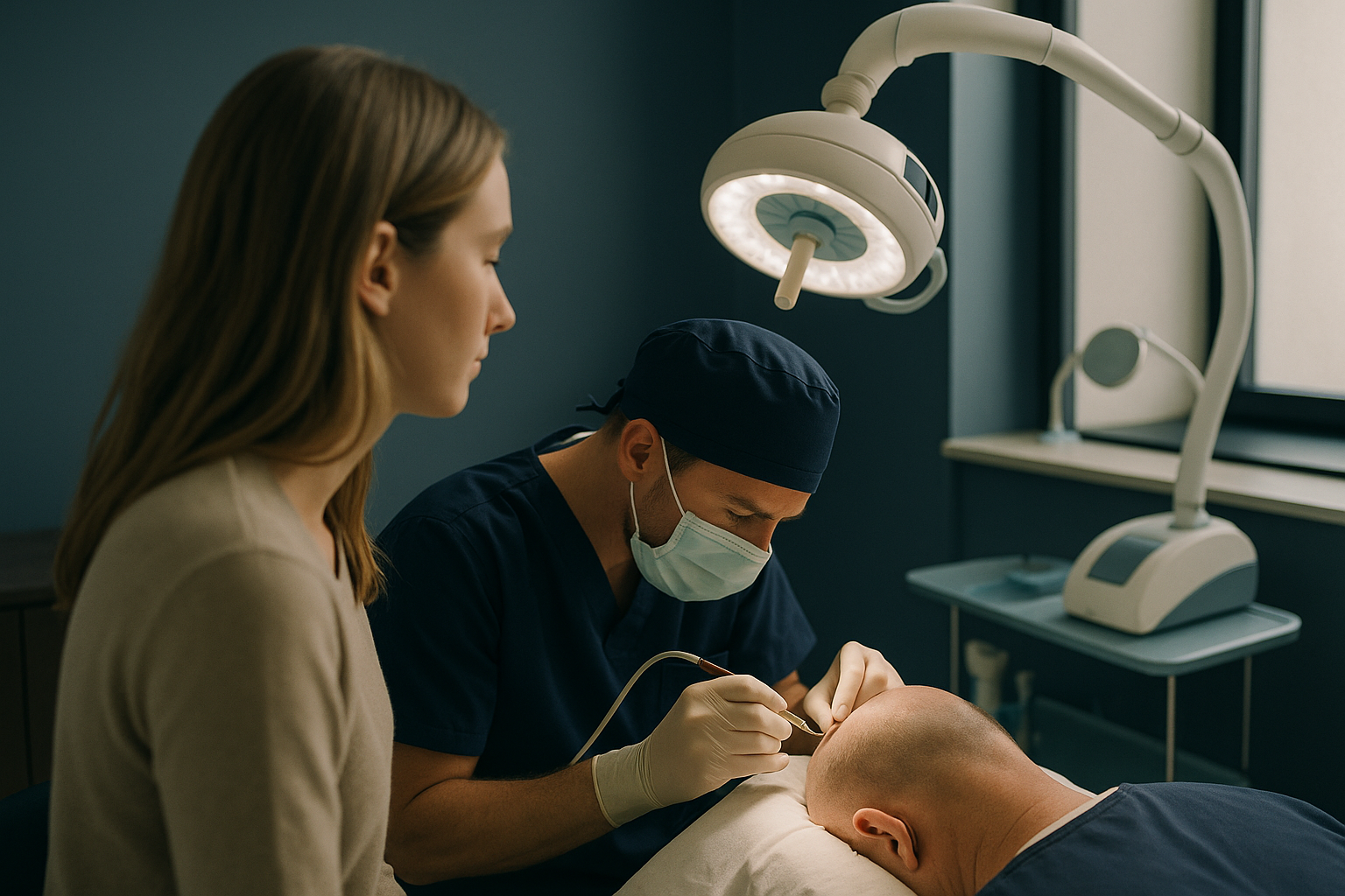 Surgeon performing hair transplant procedure in a modern clinic, demonstrating how hair transplants work.