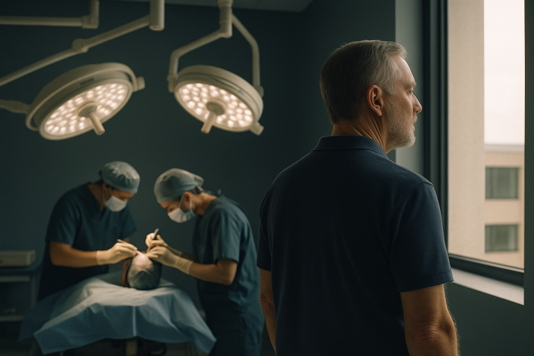 Hairline surgery in progress in a modern operating theatre, showing how does hairline surgery work.