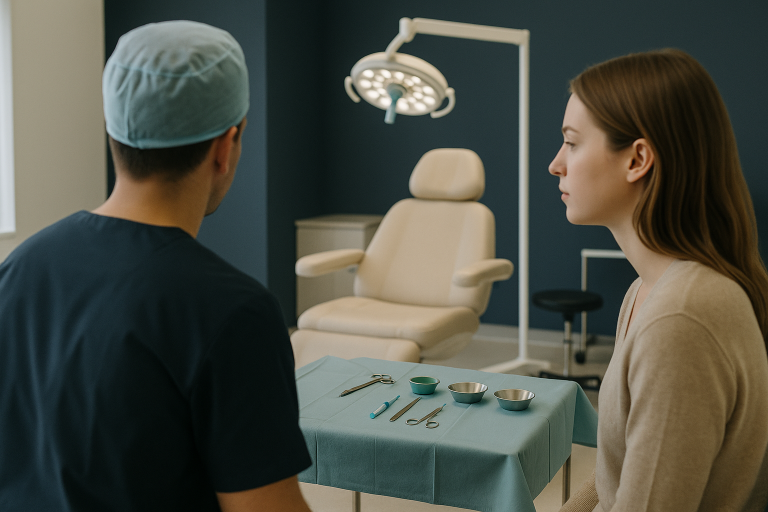 Hairline surgery operating theatre with advanced equipment for a hair transplant procedure.