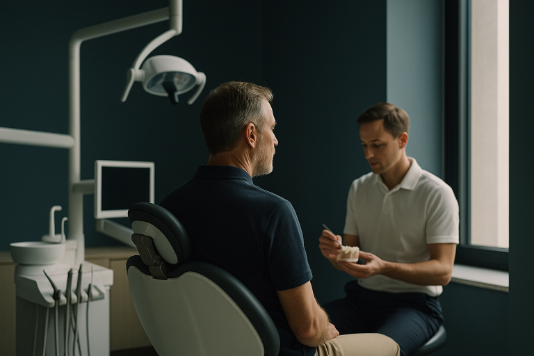A dentist in a modern clinic demonstrating dental implant procedures, highlighting how much dental implants cost.