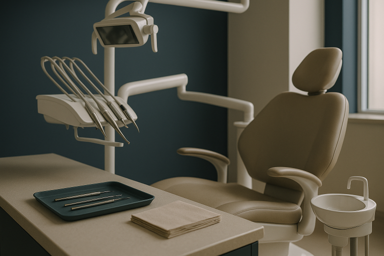 Modern dental clinic in Turkey with dental chair and equipment, illustrating how much dental implants cost in Turkey.