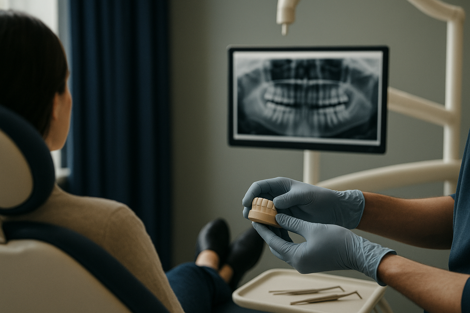 Dental clinic with dentist explaining veneer costs and procedure to a patient.