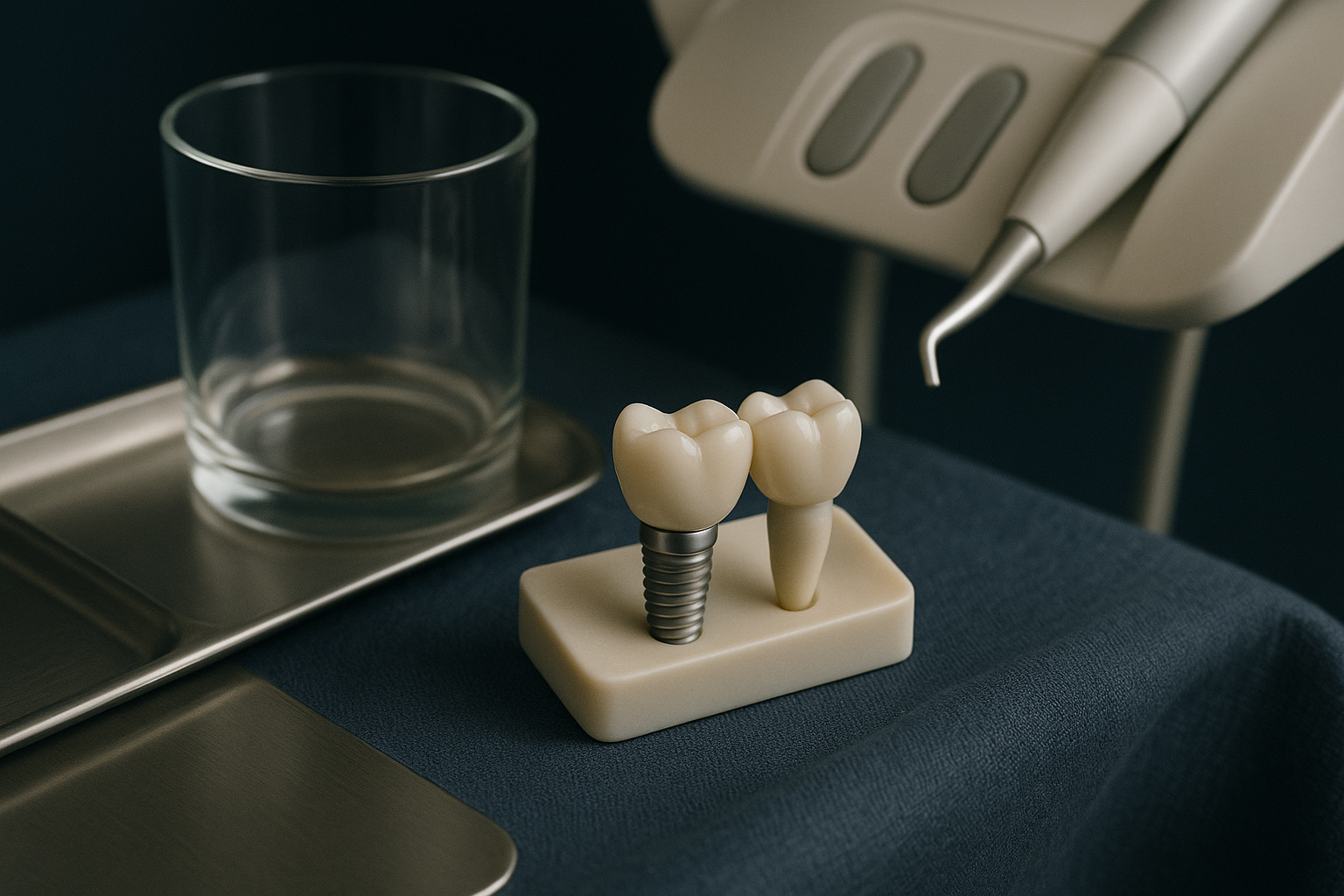 A dentist explaining dental implant costs to a patient in a modern dental clinic.