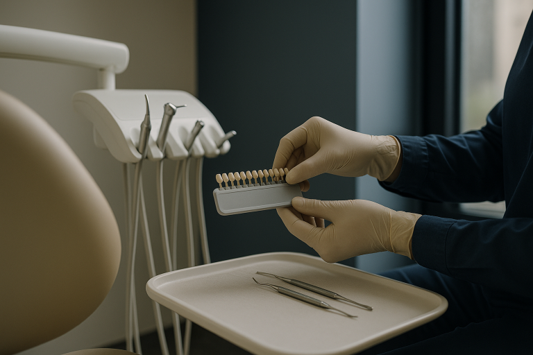 Dentist explaining how much do teeth veneers cost to a patient in a modern dental clinic.