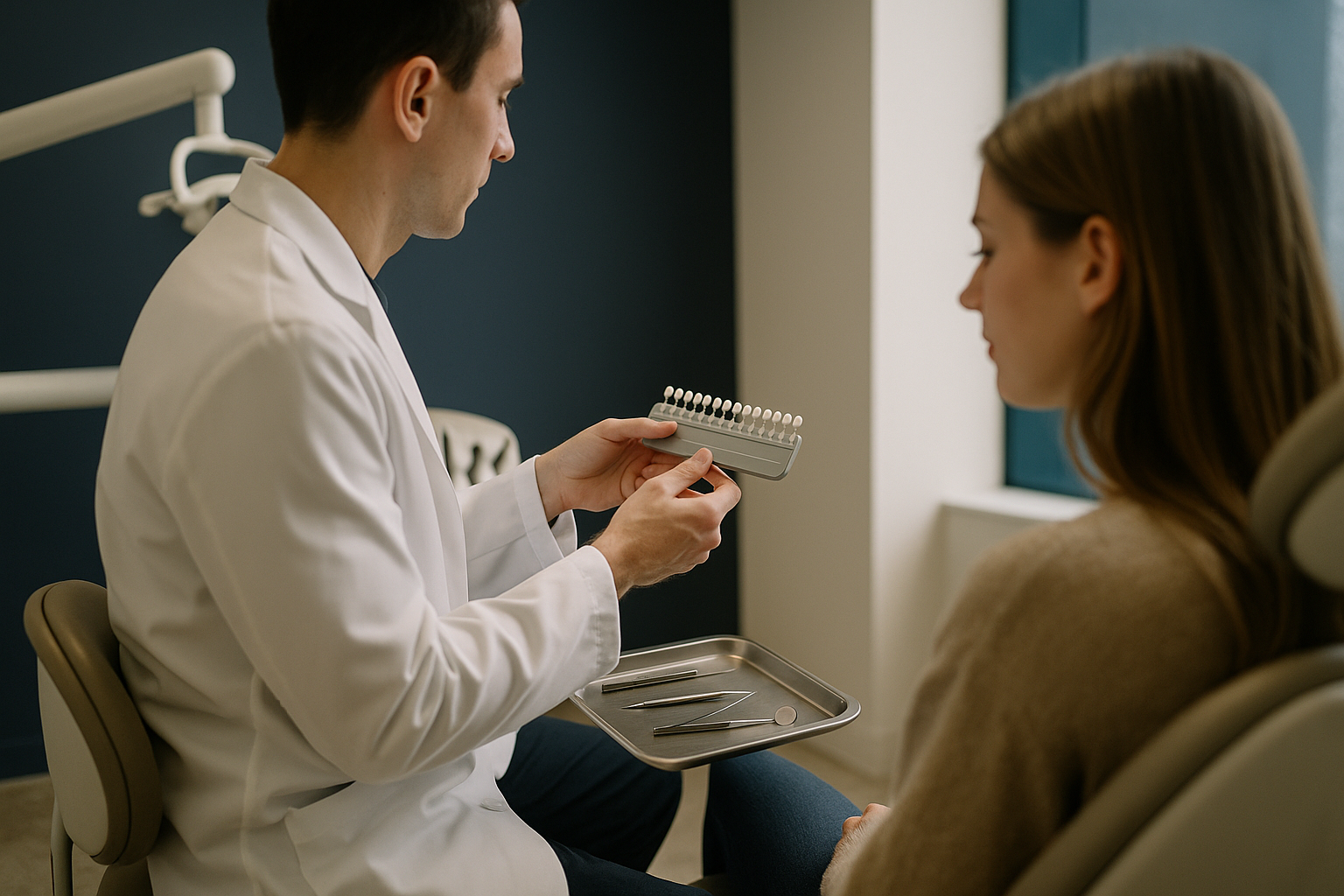 Dental clinic consultation about veneer costs.