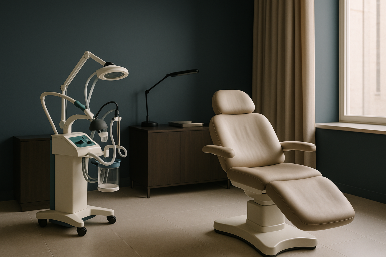 A surgeon consulting a patient about how much a beard transplant costs in a modern clinic.
