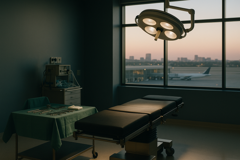 Operating theatre setup for Vertical Sleeve Gastrectomy with surgical tools and equipment.