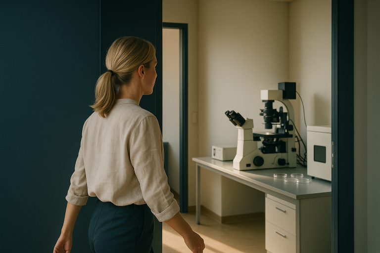 Advanced embryology lab for in vitro fertilization with microscope and equipment.