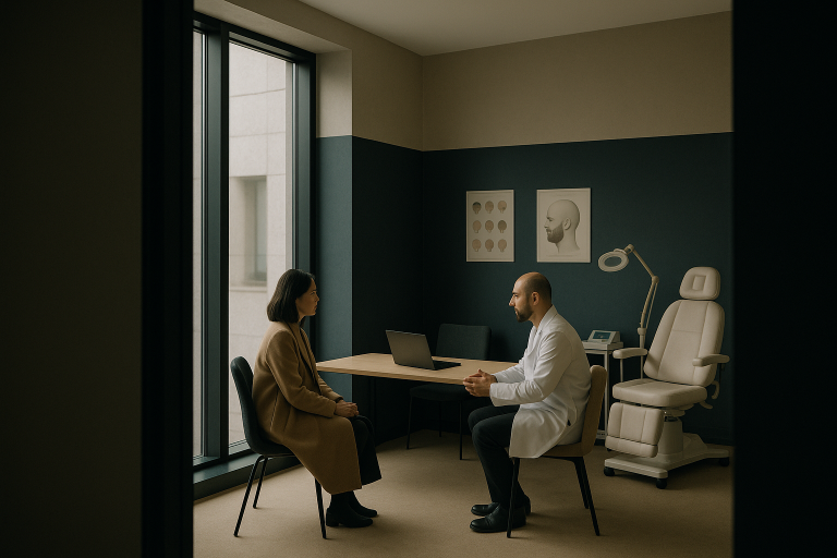 Patient consulting a specialist about a beard transplant in a modern Turkish clinic.