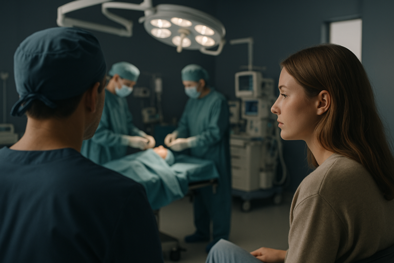 Operating theatre in Turkey with surgeons preparing for a facelift procedure.