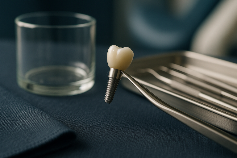 Dentist examining a dental implant, discussing how much a tooth implant costs with a patient in a clinic.
