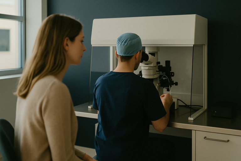 Embryologist performing ICSI fertility treatment in a modern laboratory setting.