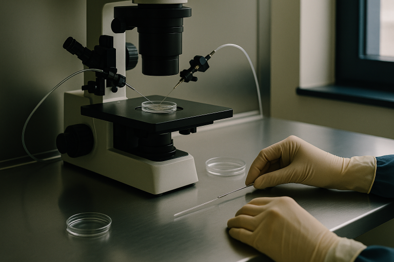 ICSI IVF procedure in an embryology lab with focus on microscope and equipment.