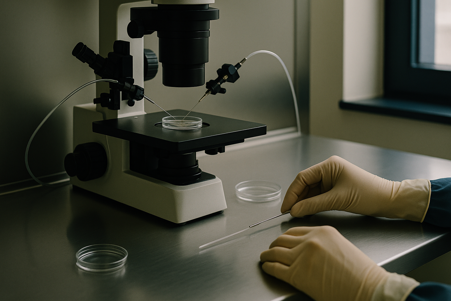 ICSI IVF procedure in an embryology lab with focus on microscope and equipment.