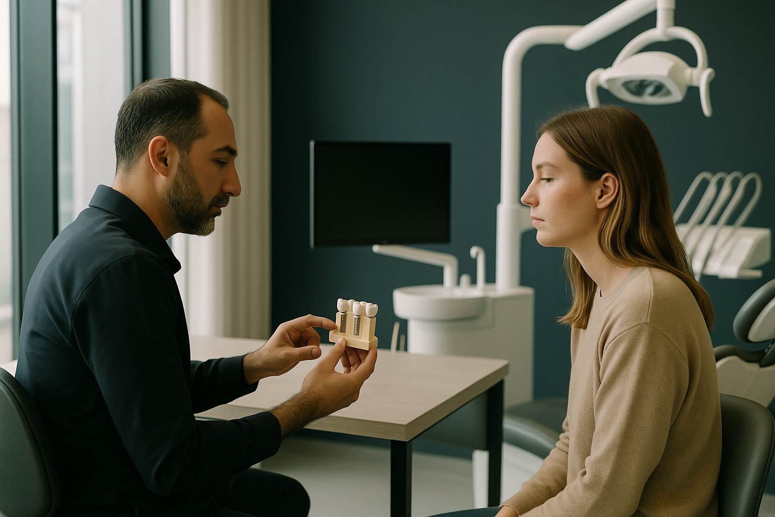 A dentist discussing implant cost in Turkey with an international patient in a modern dental clinic.