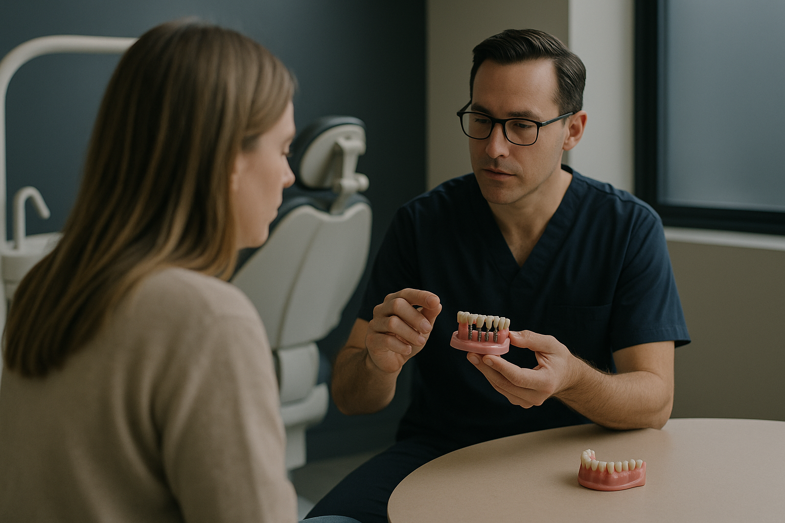 Dentist explaining implant dentures in a modern dental clinic