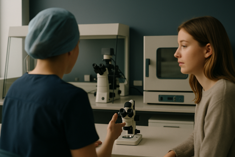 Embryology lab with microscopes and incubators used in in vitro fertilization procedures.