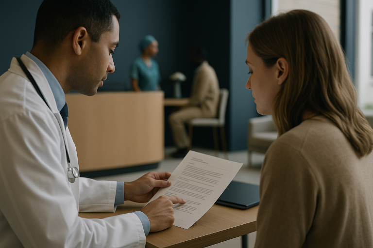 International patients discussing insurance trip insurance at a hospital reception.