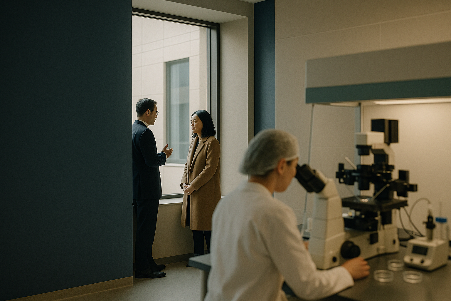 Scientist performing intracytoplasmic sperm injection in an advanced embryology lab.
