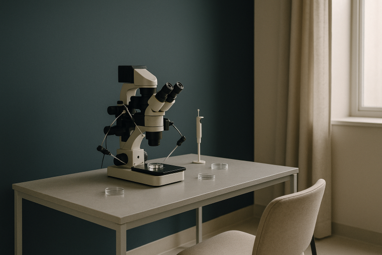 Embryologist performing intracytoplasmic sperm injection in a fertility clinic lab.