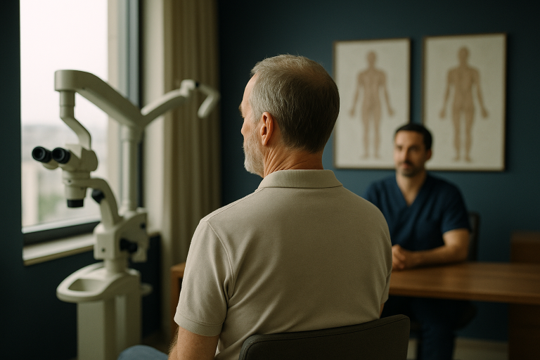 Modern Istanbul plastic surgery clinic with a surgeon consulting a patient.