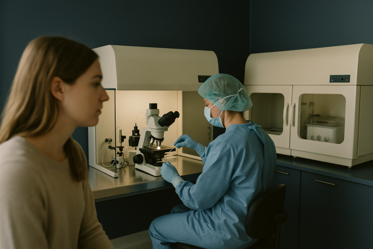 IVF abroad: An embryology lab with advanced equipment and a technician working on IVF procedures.