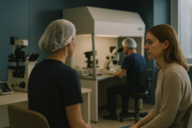 IVF in Turkey: scientists in an embryology lab working with advanced equipment.