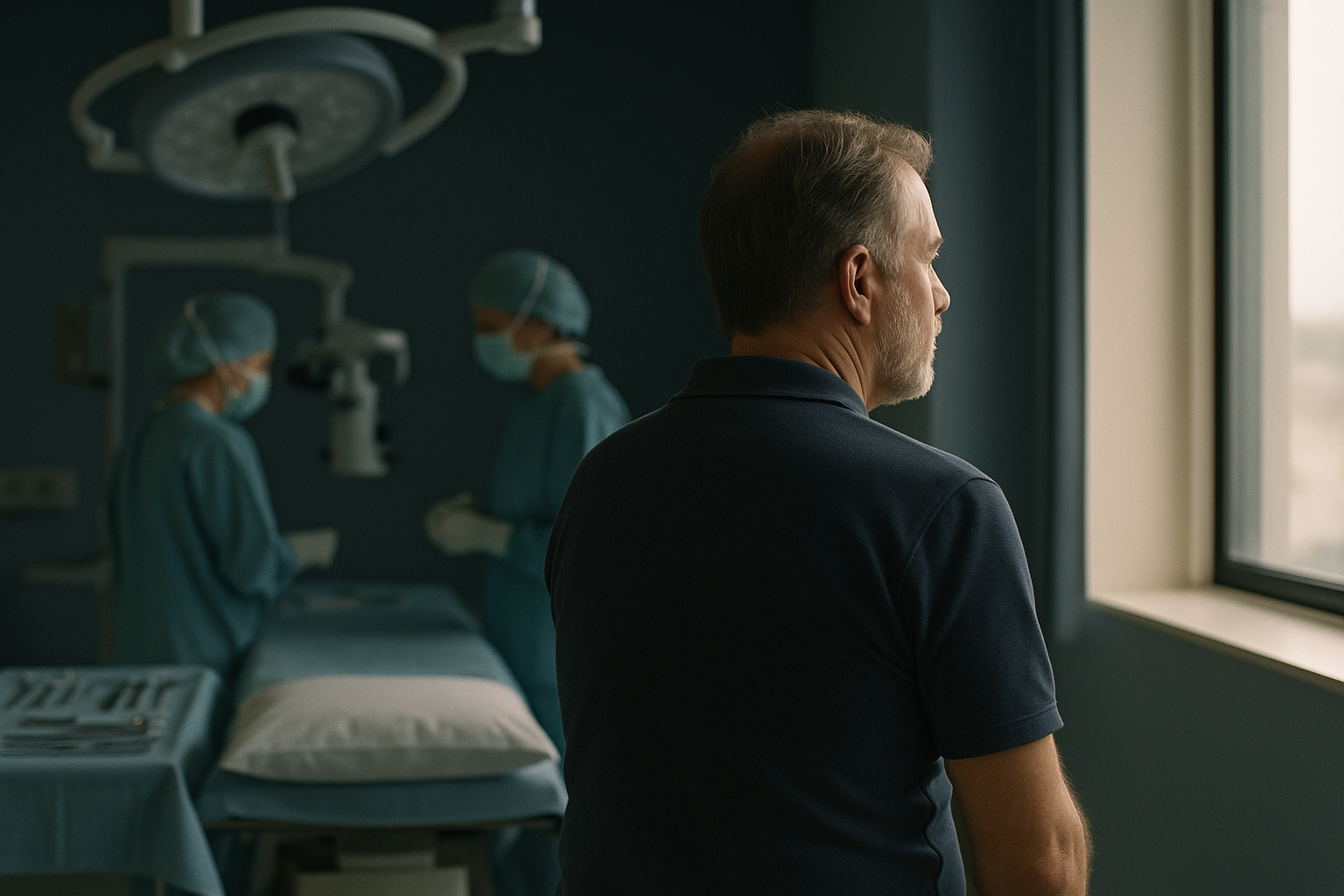 Operating theatre prepared for a lateral canthoplasty procedure, showing surgical tools and medical staff.