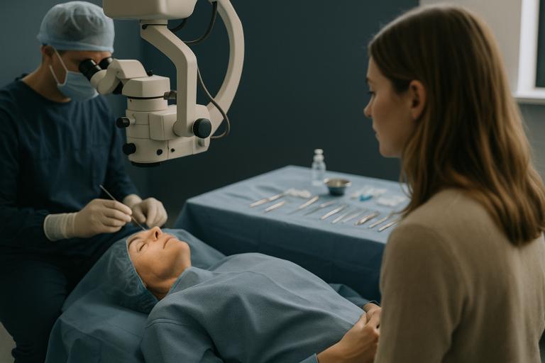 Ophthalmic surgery setup highlighting the lateral canthus area in an operating theatre.