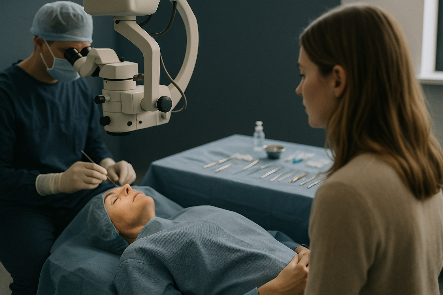 Ophthalmic surgery setup highlighting the lateral canthus area in an operating theatre.