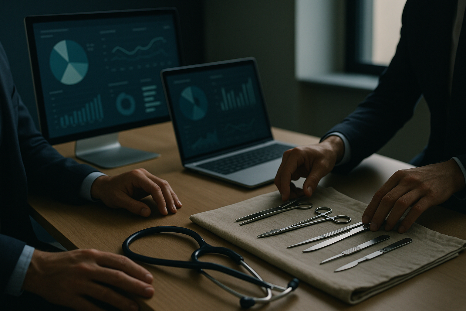 Healthcare executives discussing lead generation strategies in a modern workspace with analytics on screens.