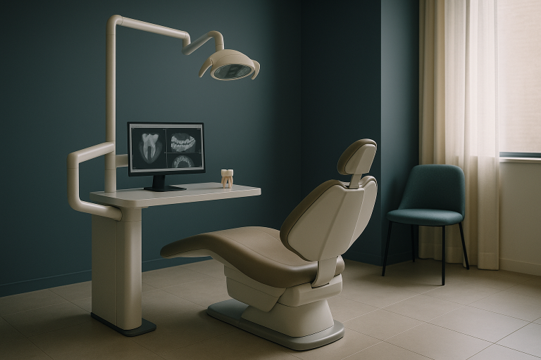 Dentist in a modern clinic explaining less expensive dental implants with 3D dental images.
