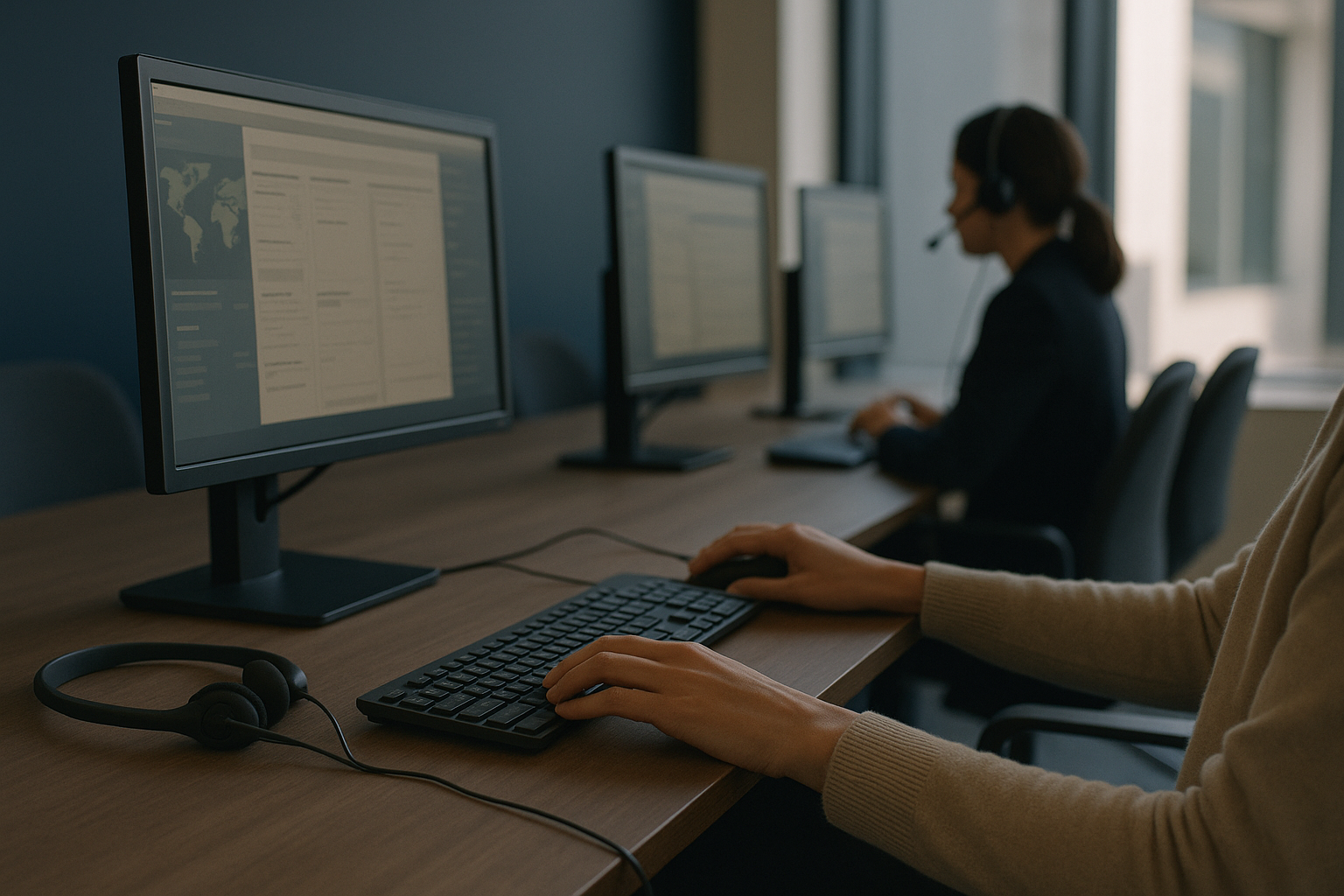 Medical call centre with coordinators managing international patient communications, featuring medical call center software.