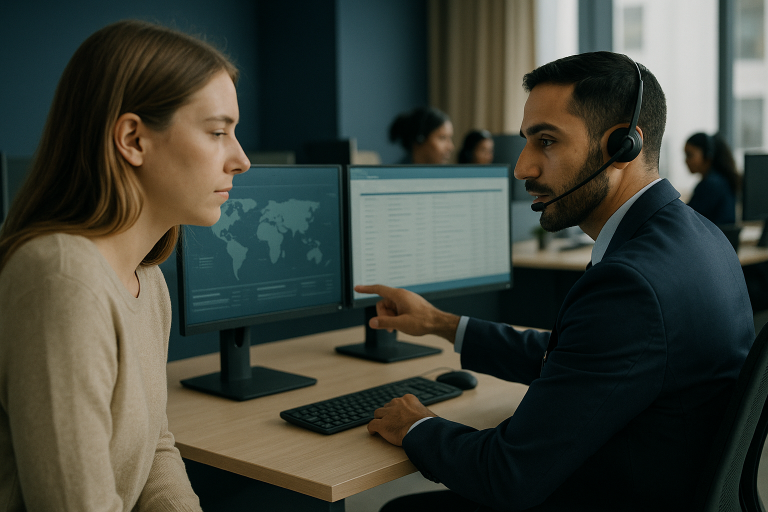 Medical outreachers coordinating global health from a modern call center.