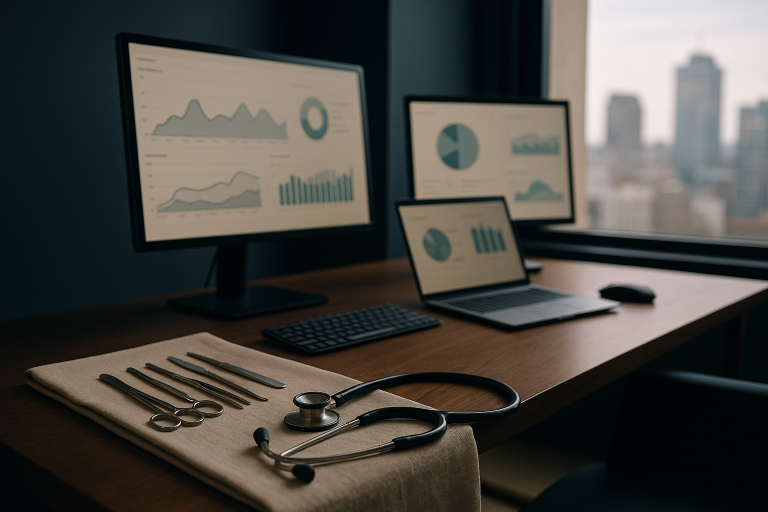 Medical SEO agency workspace with analytics and SEO reports on screens.