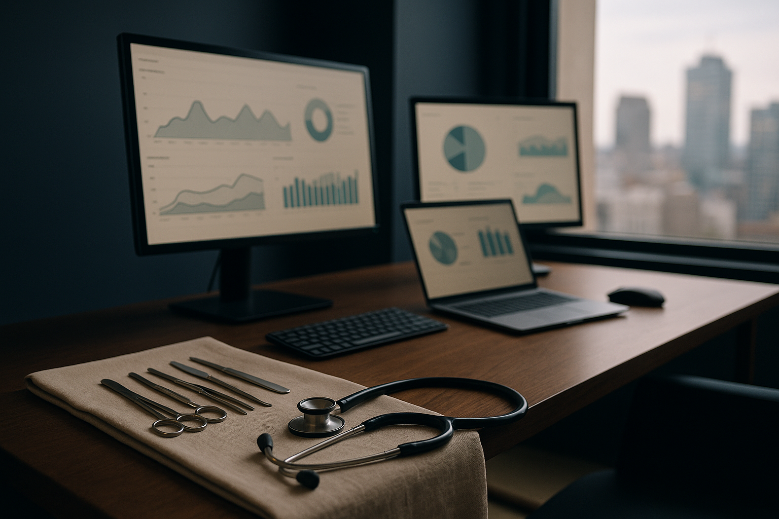 Medical SEO agency workspace with analytics and SEO reports on screens.