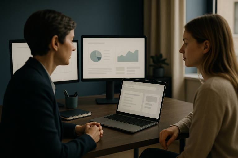 Modern executive workspace with digital marketing tools, illustrating a medical SEO agency's strategic planning.