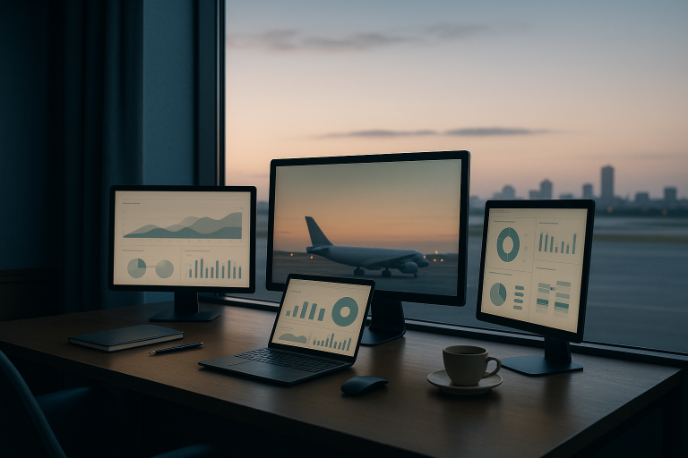 An executive workspace highlighting medical SEO strategies with multiple screens displaying analytics.