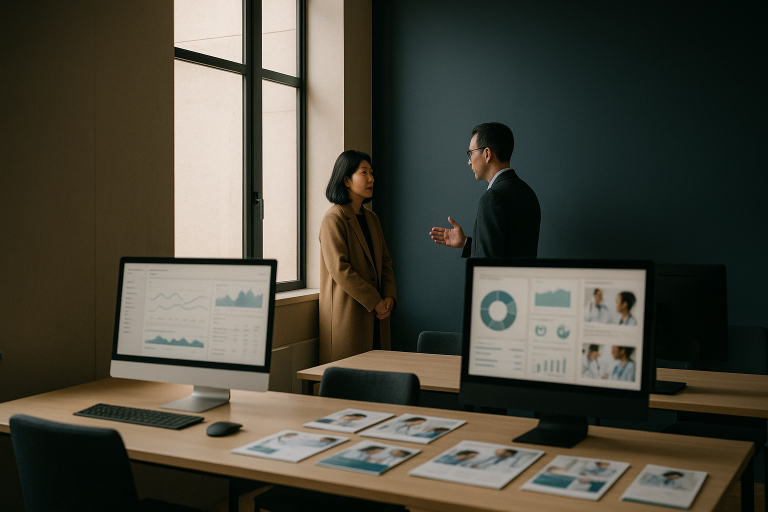 A modern executive workspace showcasing medical SEO services and analytics.