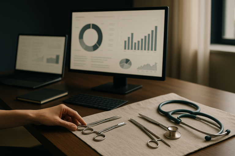 Medical tourism marketing strategy displayed on screens in a modern executive workspace.