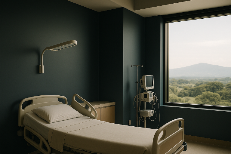 Medical vacation in a Costa Rican hospital room with scenic view.