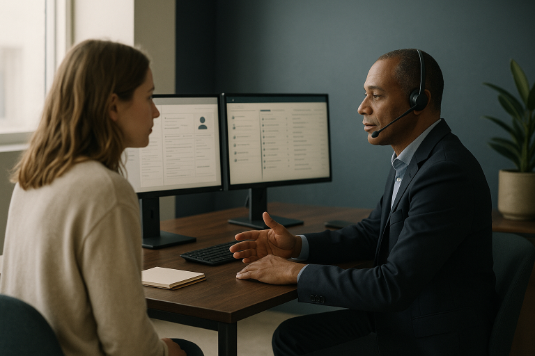 Medical vacation packages discussion in a modern workspace with call center software on screens.